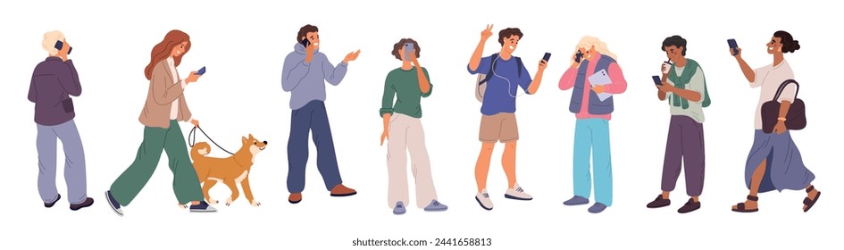 Cartoon people with gadgets. Youngs in casual clothes talk or chat on phones. Continuous communication. Social media. Listen to music with headphones. Walking persons