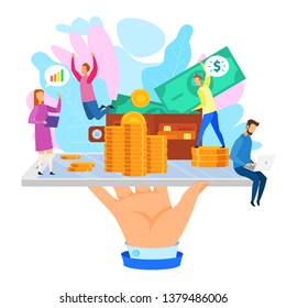 Cartoon People with Gold Coin Dollar Wallet Phone in Hand Vector Illustration. Startup Crowdfunding Financial Investment Internet Service Development Cash Income Bank Loan Sucess Management