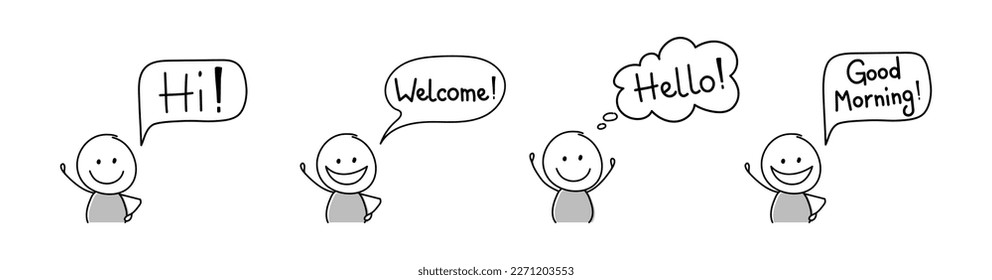 cartoon people with greeting - welcome, hello, hi, good morning. Vector