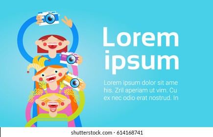 Cartoon People Group Holding Photo Camera Photography Blogger Flat Vector Illustration