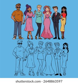 desenho animado pessoas grupo sobre fundo azul, design colorido. ilustração vetorial
