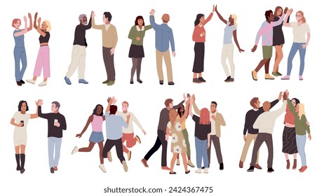 Cartoon people groups high five. Happy friends beat off hands, success gesture, business team is rejoicing, men and women unity and support togetherness concept, tidy vector flat isolated set