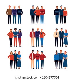 cartoon people in groups standing icon set over white background, vector illustration