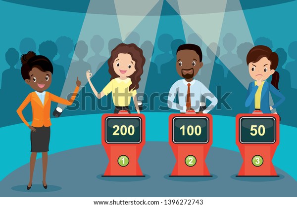 Cartoon people
guessing quiz questions,intellectual game show with female
showman,trivia game tv competition,studio interior with playing
buttons on stands,flat vector
illustration
