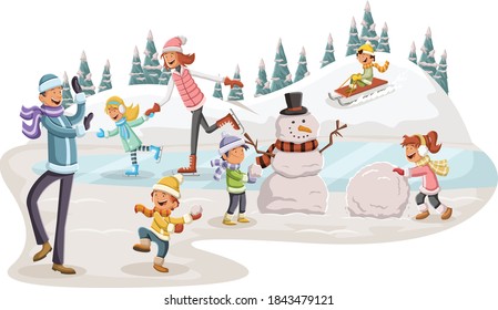 Cartoon people having fun in the park with snow. Winter nature landscape holiday.