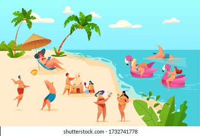 Cartoon people having fun at summer beach on vacation on seaside background. Young man, woman at lounge, play volleyball, build sand castle, vector pink unicorn flamingo inflatable ring.