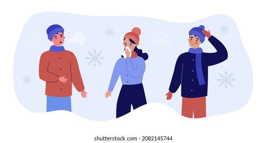 Cartoon people having health problems in winter. Men and woman having cold, runny nose, headache, fever flat vector illustration. Winter illness concept for banner, website design or landing web page