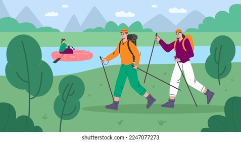 Cartoon people hike. Happy tourists engaged in Scandinavian walking. Outdoor sport activities. Girl in river boat. Travellers couple together in nature. Scenic landscape