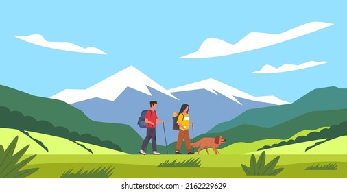 Cartoon People Hike. Tourist Couple And Dog, Summer Mountains Landscape, Family With Backpack Traveling, Nature Trail Walk, Explorers Characters Adventure, Healthy Lifestyle Vector Concept