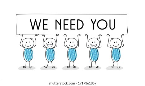 Cartoon people holding banner with “we need you” text.  New vacancy concept. Vector