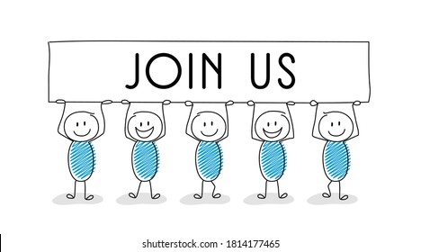 Cartoon people holding banner with “join us” text.  New vacancy concept. Vector