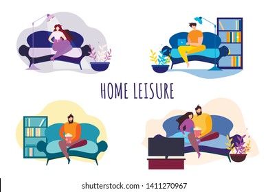 Cartoon People at Home. Leisure Evening Entertainment Vector Illustration. Couple Watch TV Show, Girl Read, Man with Notebook Work Online. Male Sit on Sofa with Popcorn. Family Night Indoors Relax