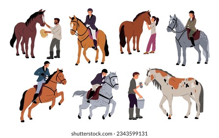 Cartoon people with horses. Jockeys in gear. Professional equestrian sports. Equine racing. Animal care. Hippodrome workers. Stallion grooming. Rider in horseback saddle