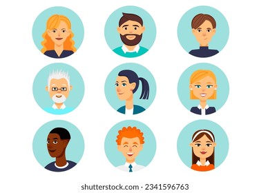 Cartoon people icons in the flat cartoon design. Images of avatars of people of different gender, age and profession on a blue background. Vector illustration.