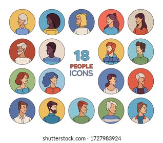 Cartoon people icons set. Vector user avatars. Outlined minimalistic illustration. Men and women portraits set. People profile pictures. Cartoon avatars for game, internet forum, or web account