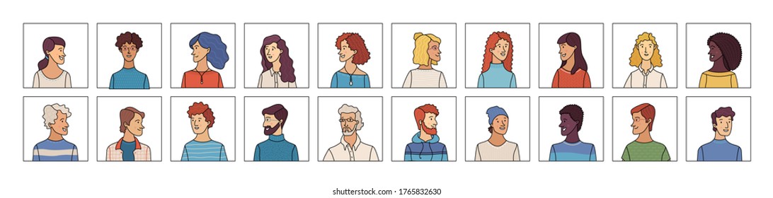 Cartoon people icons set. Vector outlined minimalistic illustration. Men and women portraits set. People profile pictures. Cartoon user avatars for game, internet forum, or web account