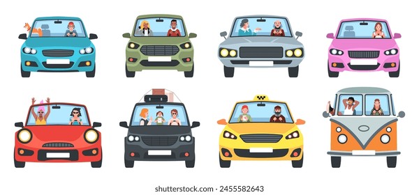 Comic-Leute in Autos. Vorderansicht Glückliche Fahrer und Passagiere des privaten Verkehrs, Taxi, Familien, Paare und Reisende. Vorderansicht des Autos. Aufgeräumte Vektorgrafik-Set isoliert