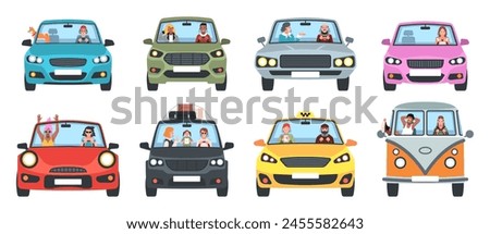 Cartoon people inside cars. Front view happy drivers and passengers of private transport, taxi, families, couples and travelers. Automobile front view. Tidy vector set isolated