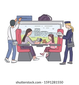 Cartoon people inside train car - woman and child sitting by the window, passenger putting his bag in overhead compartment. Railroad travel scene- isolated flat vector illustration