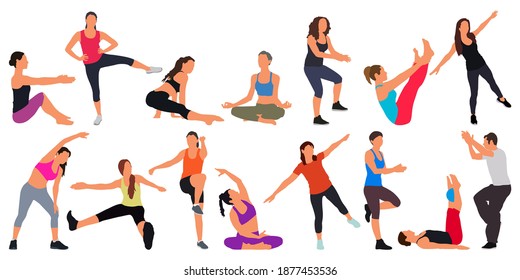 Cartoon people involved in fitness. Flat colorful vector illustration