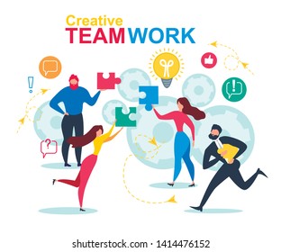 Cartoon People Join Puzzle Element. Creative Teamwork Vector Illustration. Bulb Idea, Gears, Communication Connection. Man and Woman Team Together. Meeting Brainstorming Cooperation Metaphor