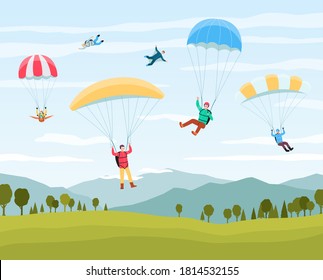 Cartoon people jumping with parachutes in summer sky - extreme sport lovers flying and skydiving in nature. Flat vector illustration of parachuters mid jump.