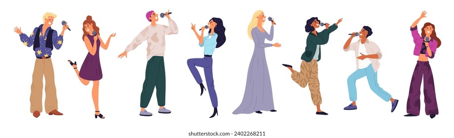 Cartoon people karaoke. Happy singer characters with microphones. Amateur vocalists performing songs. Talented men and women. Musical band. Disco fun. Musicians show