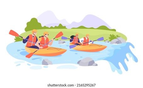 Cartoon people in kayaks in front of waterfall. Characters kayaking or rafting on river flat vector illustration. Water sports, active lifestyle concept for banner, website design or landing web page