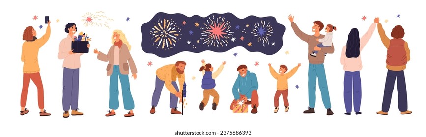 Cartoon people launching fireworks. Parents and children watching festive firecracker lights in sky. Couple celebrate holiday. Independence Day. Pyrotechnic explosions