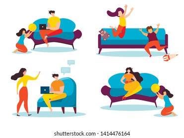 Cartoon People Leisure at Home. Family Indoors Vector Illustration. Man with Notebook Internet Browsing. Woman Read Book, Children Play. Mother Father in Living Room Sit Couch Rest. Kids Boy Girl Game