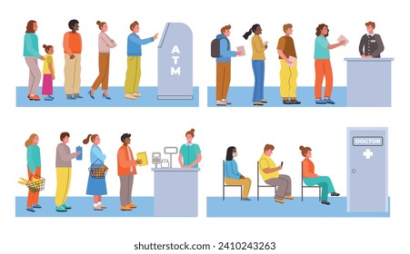 Cartoon people people in lines. Long queues to various services, atm, bank, cash register, doctor office, men and women waiting, vector set.eps
