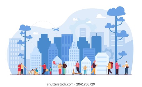 Cartoon people living in smart city of future. Men and women walking in street, office buildings in background flat vector illustration. IOT, environment, social network, modern technology concept