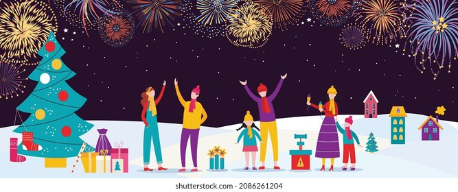 Cartoon people looking at festive fireworks on New Year or Christmas Eve. Happy family outdoors on winter night celebrating holidays, vector illustration.
