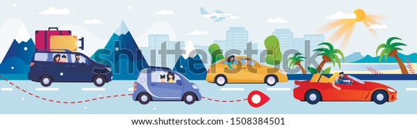 Cartoon People with Luggage Travelling by\
Car. Men and Women Driving Automobile on Summer Road to Sea. Flat\
Tropical Coast, Cityscape and Mountains Landscape. Holiday\
Vacation. Vector\
Illustration