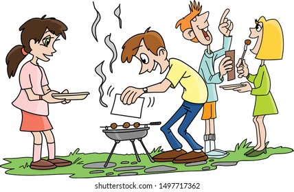 Cartoon people making barbecue and chatting in the garden vector illustration