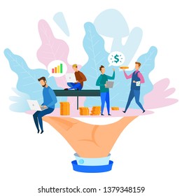 Cartoon People Man Work Notebook Presentation Profit Graph Growth Waiter with Gold Coin Dollar Hand Vector Illustration. Financial Investment Sucess Commercial Statistic Money Income