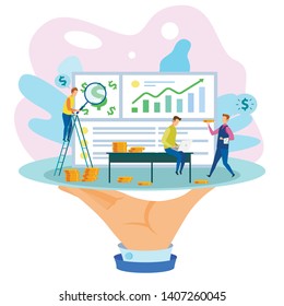 Cartoon People Man Work Notebook Presentation Profit Graph Growth Waiter with Gold Coin Dollar Hand Vector Illustration. Financial Investment Sucess Commercial Statistic Money Income