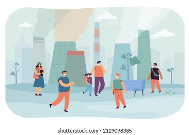 Cartoon people in masks due to industrial emissions from plants. Fine dust or smog in air flat vector illustration. Pollution, environment, coronavirus, technology concept for banner or website design