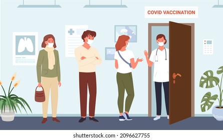 Cartoon People In Masks Waiting Line For Covid Vaccine Injection In Hospital, Doctor Opening Door To Patient In Clinic. Coronavirus Medical Prevention Concept. Vaccination Queue Vector Illustration