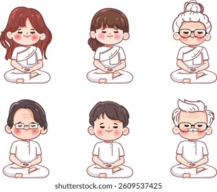Cartoon people meditating, practices dharma. illustration vector premium.