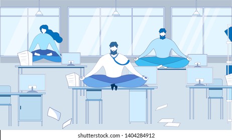 Cartoon People Meditating Sit on Table at Office Workplace Vector Illustration. Work Pause Relaxation, Stress Relief, Energy Recharge. Healthy Habit Break, Calm Mind. Company Employee Rest