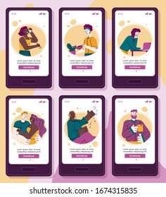 Cartoon people in mobile app screen template set - vector illustration.