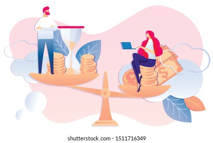 Cartoon People Money and Sandglass on Scales Vector Illustration. Time is Money Concept. Businessman Client Pay Woman Worker with Notebook. Work Payment Financial Profit Time Management