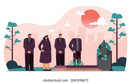 Caricatura de personas con ropa de duelo que asistían al funeral. Personajes masculinos y femeninos en el cementerio parados cerca de la ilustración del vector plano de la cabeza. Muerte, pena por concepto de diseño de sitio web o página de inicio