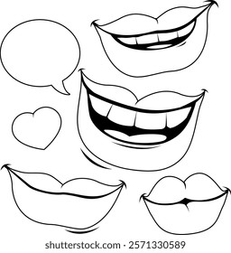 Cartoon people mouths smiles. A set of female smiling lips. People mouths smiles. Vector black and white coloring page.