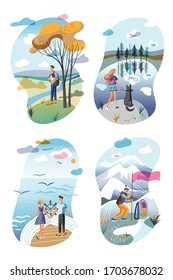 Viñetas y escenas de paisajes naturales. Pareja familiar, jóvenes hombres y mujeres junto y con perro caminando en el bosque cerca del río, velero, escalar montañas. Ilustración plana del vector