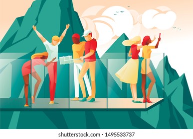 Cartoon People Observation Deck Make Picture Selfie Mobile Phone Vector Illustration. Mountain Range View Point. Man Woman Friends Tourist Sightseeing. Nature Rock Landscape. Tourism Tour Travel