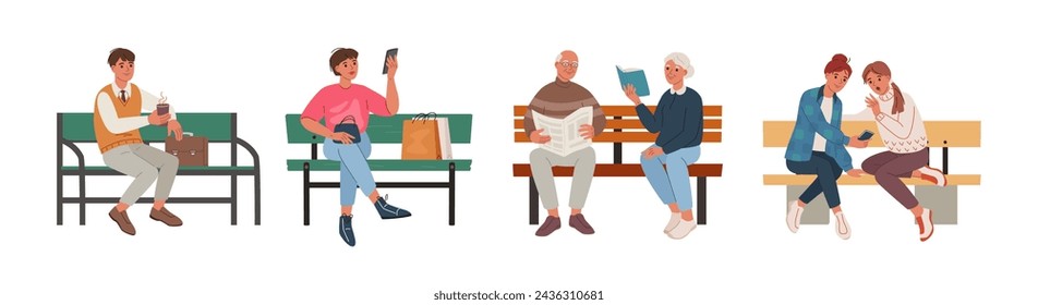 Cartoon people on bench. Leisure activities on park benches, urban lifestyle isolated vector illustration set. Elderly people having rest outside, office worker drinking coffee, friends communicating