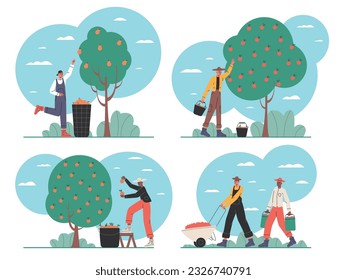 Cartoon people on harvesting. Happy farmers characters. Agricultural workers collect fruits and vegetables. Ranch works with baskets and buckets collecting crop. Vector