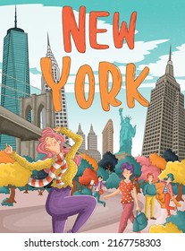 Cartoon people on New York City. Manhattan with skyscrapers and monuments.